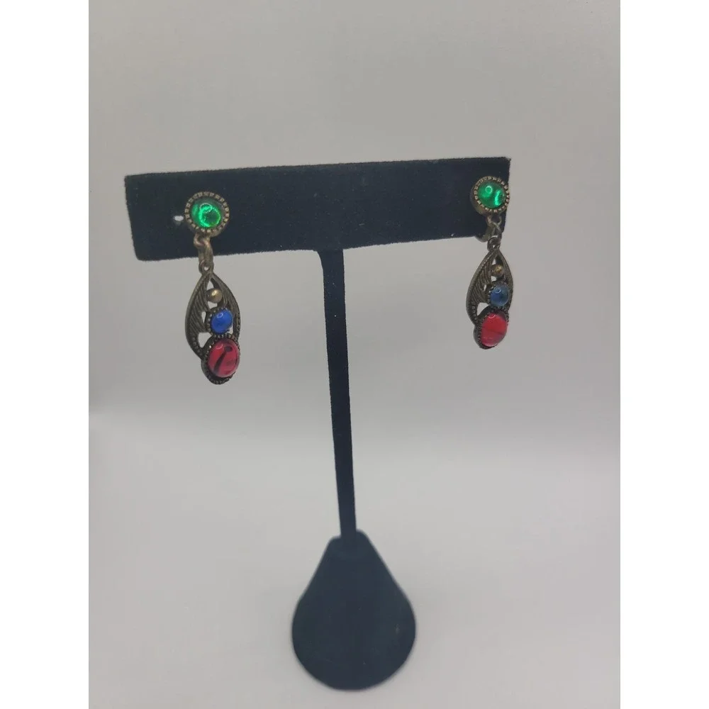Vintage Multicolor Glass Cabochon Clip On Earrings Red Blue Green Gold Tone Dang